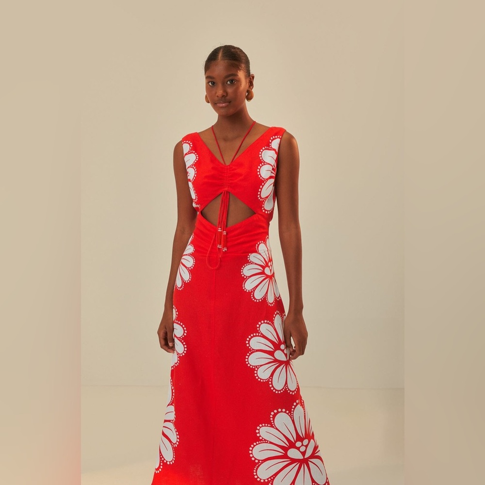 FARM Rio Red Midi Dress with White Floral Print - Picture 2 of 8